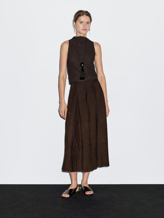 Chocolate linear waffle-knit funnel neck top