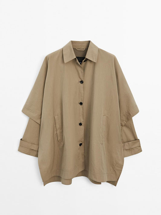 Cape trench coat with long sleeves