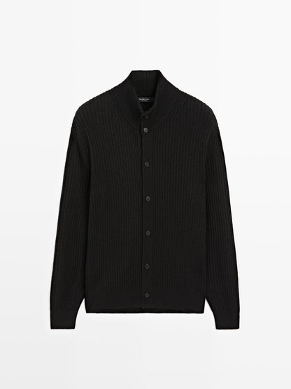 Knit wool blend cardigan with high neck