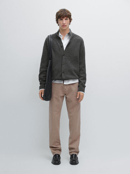 Knit wool blend cardigan with high neck