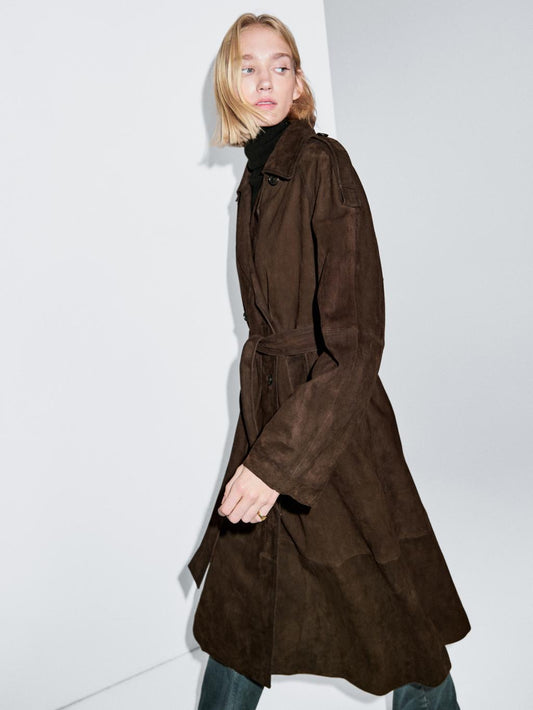 Long suede leather trench coat