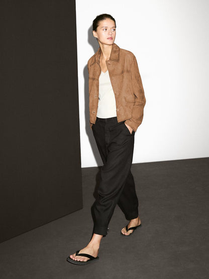 Suede leather jacket with lined buttons