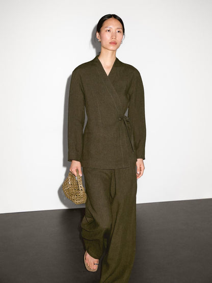 100% linen straight-leg trousers