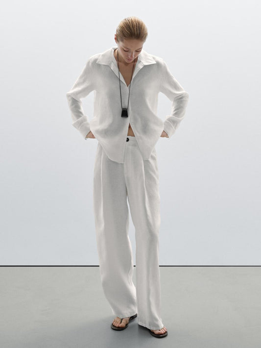 100% linen wide-leg mid-rise trousers