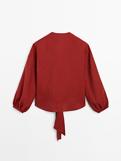 100% linen blouse with tie detail