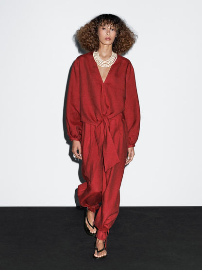 100% linen blouse with tie detail