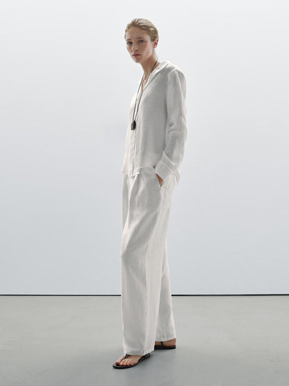 100% linen open collar shirt