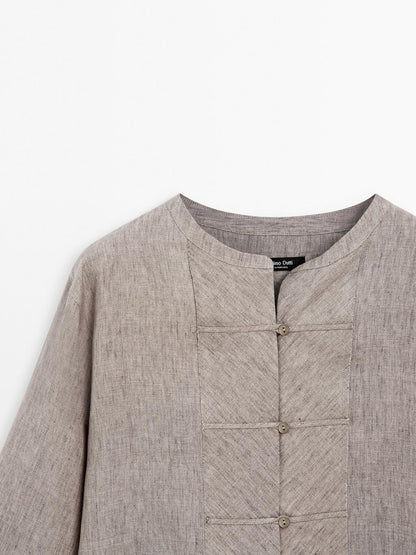 100% linen melange stand collar blouse