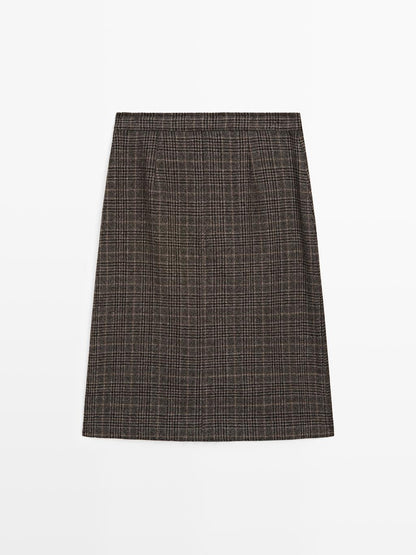 100% wool check midi skirt