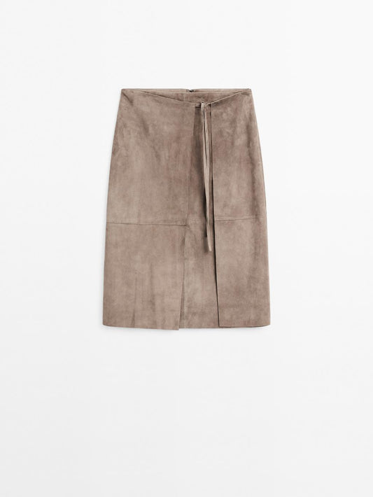 Suede leather wrap midi skirt