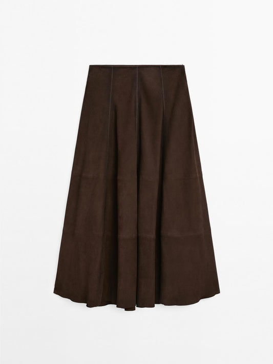 Suede leather flared midi skirt