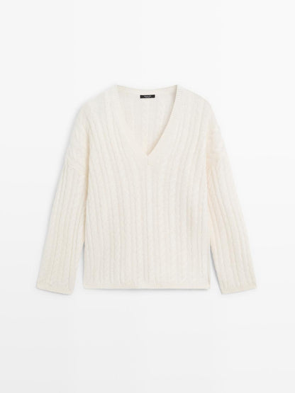 Cable-knit V-neck sweater