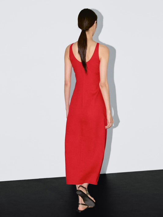 100% linen round neck midi dress