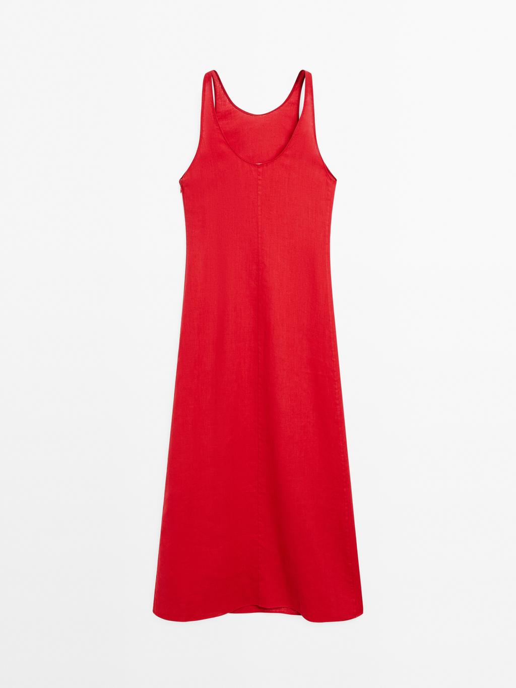 100% linen round neck midi dress