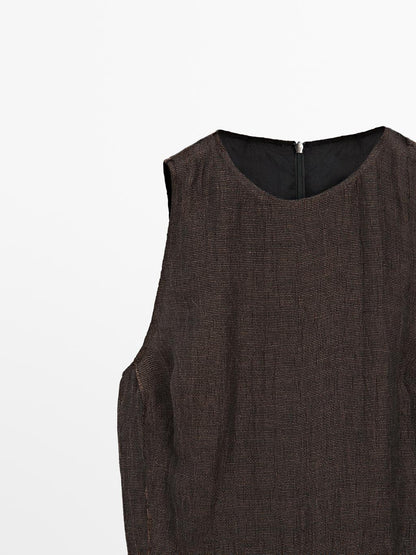 100% linen midi dress with frayed trims