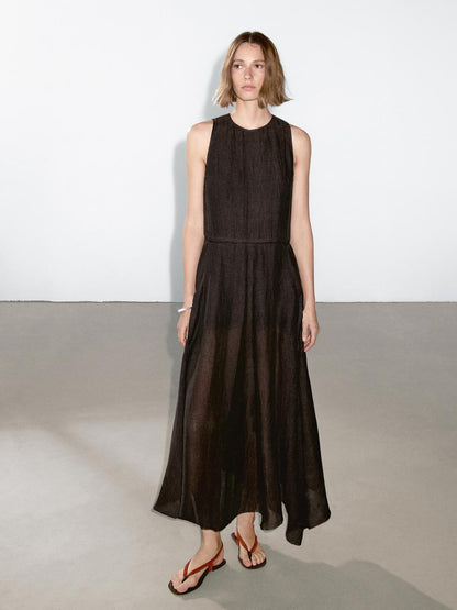 100% linen midi dress with frayed trims