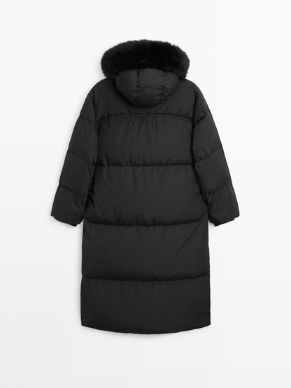 Technical down jacket with faux fur hood