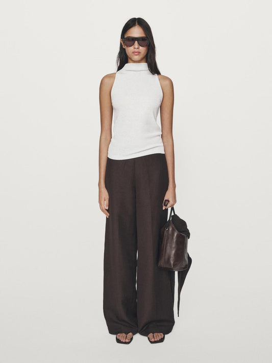 Knit halterneck top with metallic finish