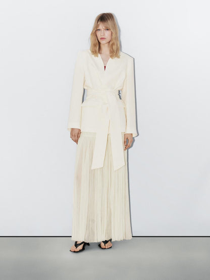 100% linen cropped blazer with scarf detail - STUDIO