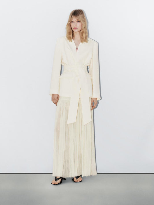 100% linen cropped blazer with scarf detail - STUDIO