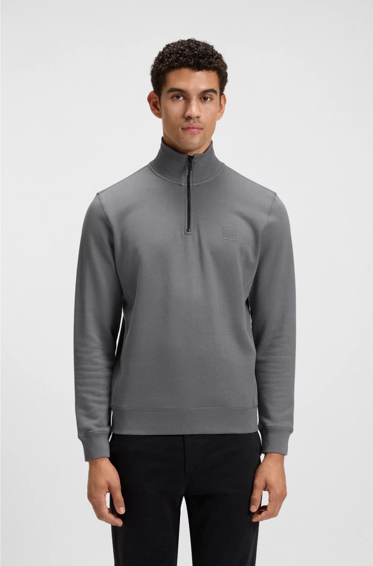 Zip-neck sweatshirt in cotton terry with logo patch