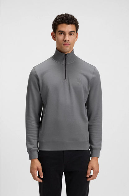 Zip-neck sweatshirt in cotton terry with logo patch